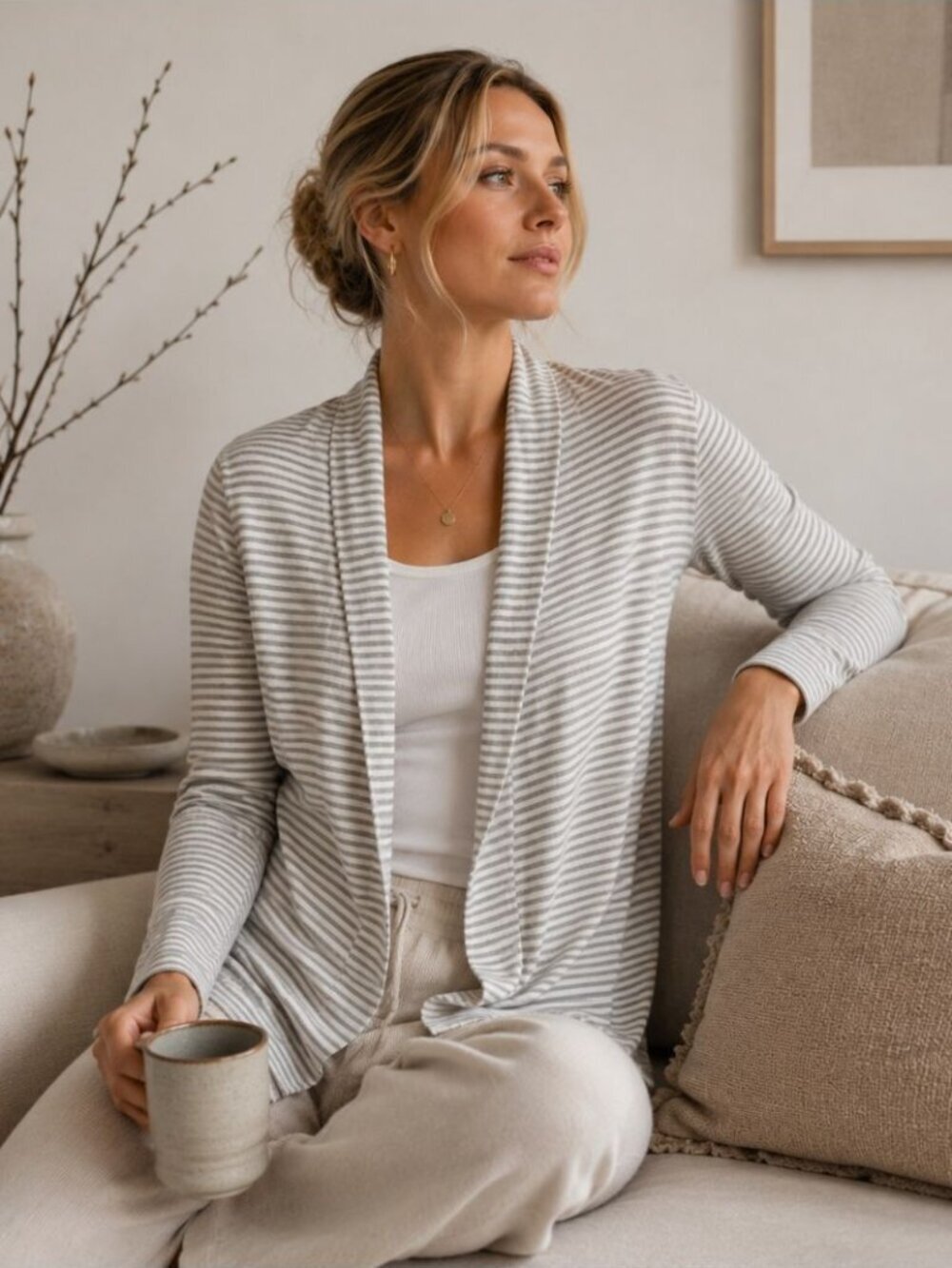Buttercream Bamboo Cotton Blend Striped Open Cardigan Grey White XS Casual